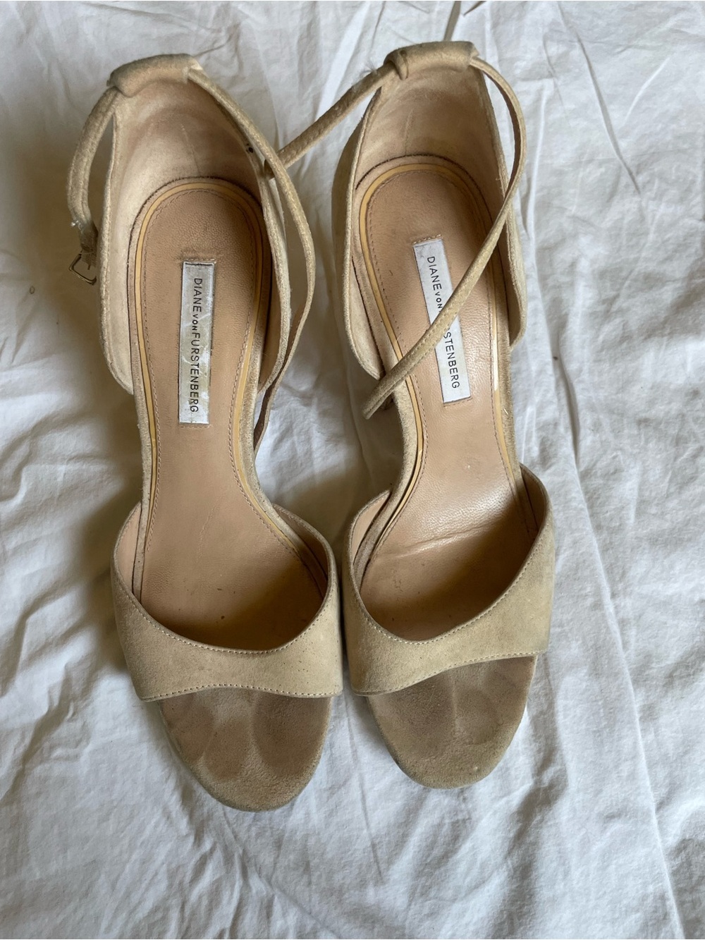 Diane Von Furstenberg Neutral Beige Suede Ankle-Strap Heels Pre-Loved